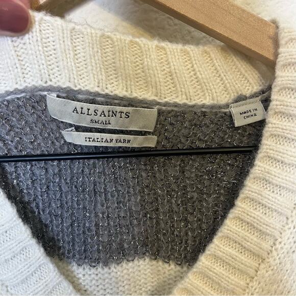 AllSaints Lou Sparkle Jumper Metallic Stripe V Neck Oversized Womens Size S - Picture 5 of 11